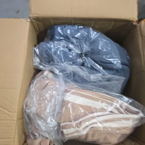 LARGE BOX OF APPROX 10 ASSORTED CLOTHING ITEMS IN VARIOUS STYLES , COLORS AND STYLES