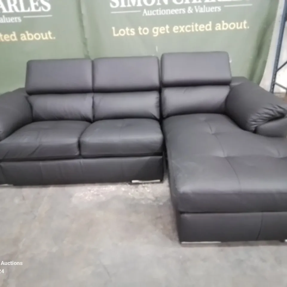 QUALITY DESIGNER BRADY 3 SEATER RH CHAISE - BLACK LEATHER