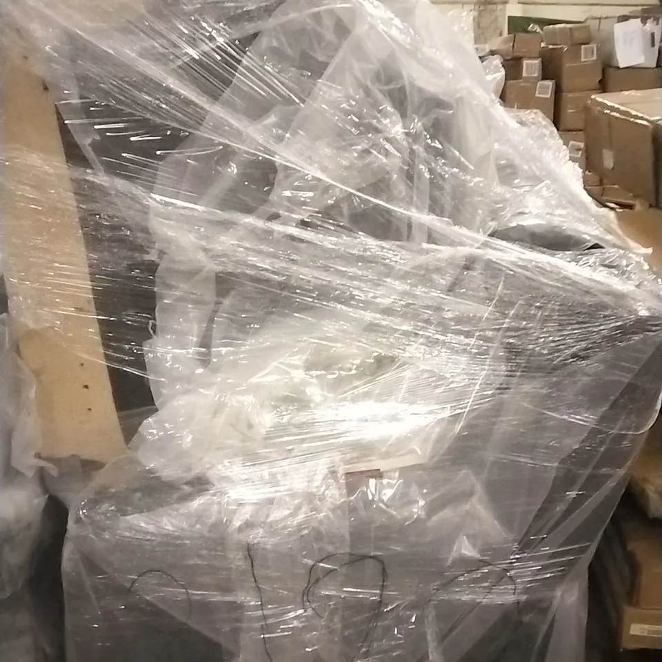 PALLET KF ASSORTED FURNITURE INCLUDING BLACK ARMCHAIR MISSING ARM, BLACK 3 SEATER SOFA WORN
