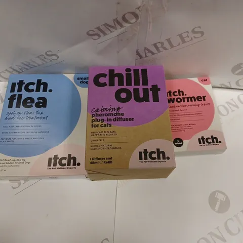 BOX OF APPROXIMATELY 20 ASSORTED PET TREATMENT SUPPLIES TO INCLUDE ITCH. WORMER, FLEA SOLUTION AND DIFFUSER