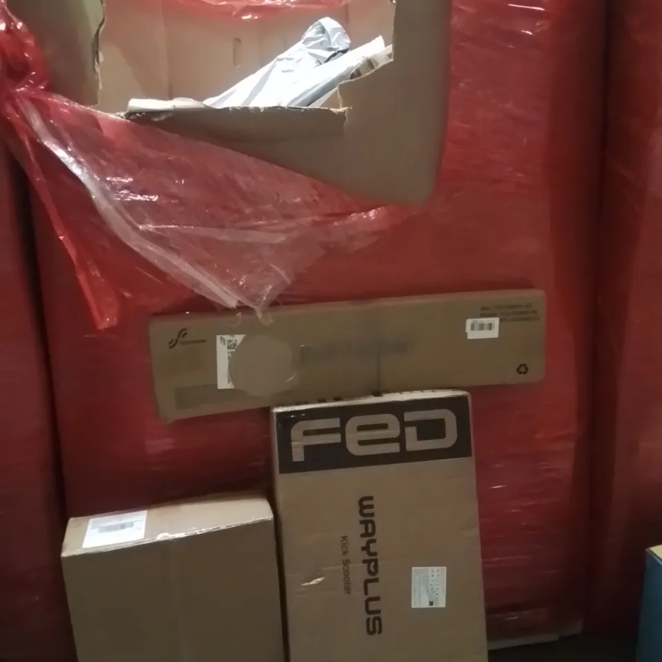 PALLET OF ASSORTED HOUSEHOLD GOODS AND PRODUCTS TO INCLUDE;KICK SCOOTER,PULL UP BAR,GARDEN FENCE