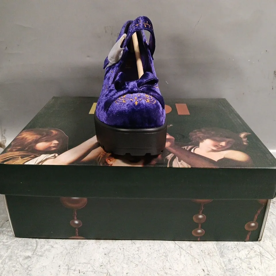 BOXED PAIR OF KOI TIRA VELVET MARY JANES ROYAL MANOR EDITION IN PURPLE SIZE UK 3