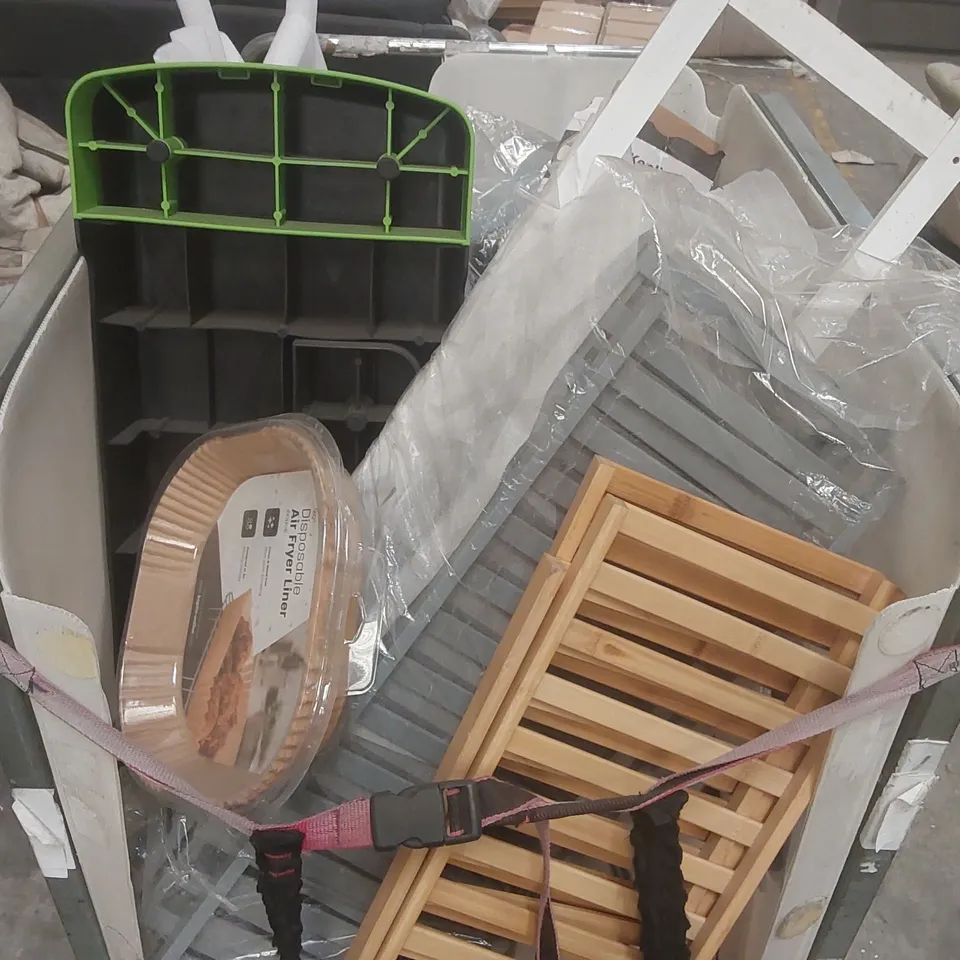 CAGE CONTAINING A LARGE QUANTITY OF ASSORTED ITEMS INCLUDING: YOGA MATS, EXERCISE MATS, SUITCASE, AIR FRYER, HEATING MAT ECT // CAGE NOT INCLUDED