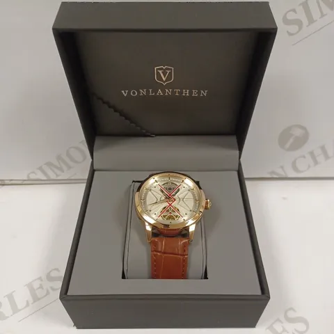 MENS VONLANTHEN AUTOMATIC WATCH – SILVER AND RED TEXTURED DIAL - GLASS EXHIBITION BACKCASE – BROWN LEATHER STRAP