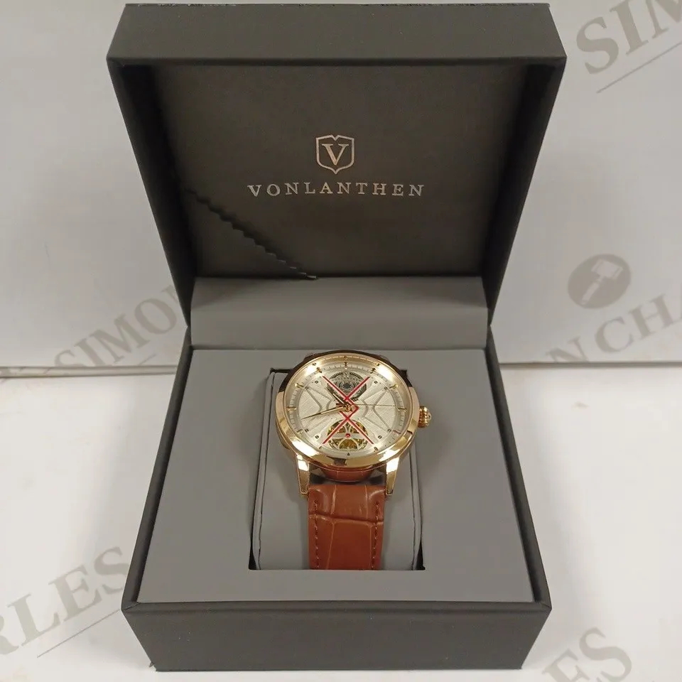 MENS VONLANTHEN AUTOMATIC WATCH – SILVER AND RED TEXTURED DIAL - GLASS EXHIBITION BACKCASE – BROWN LEATHER STRAP
