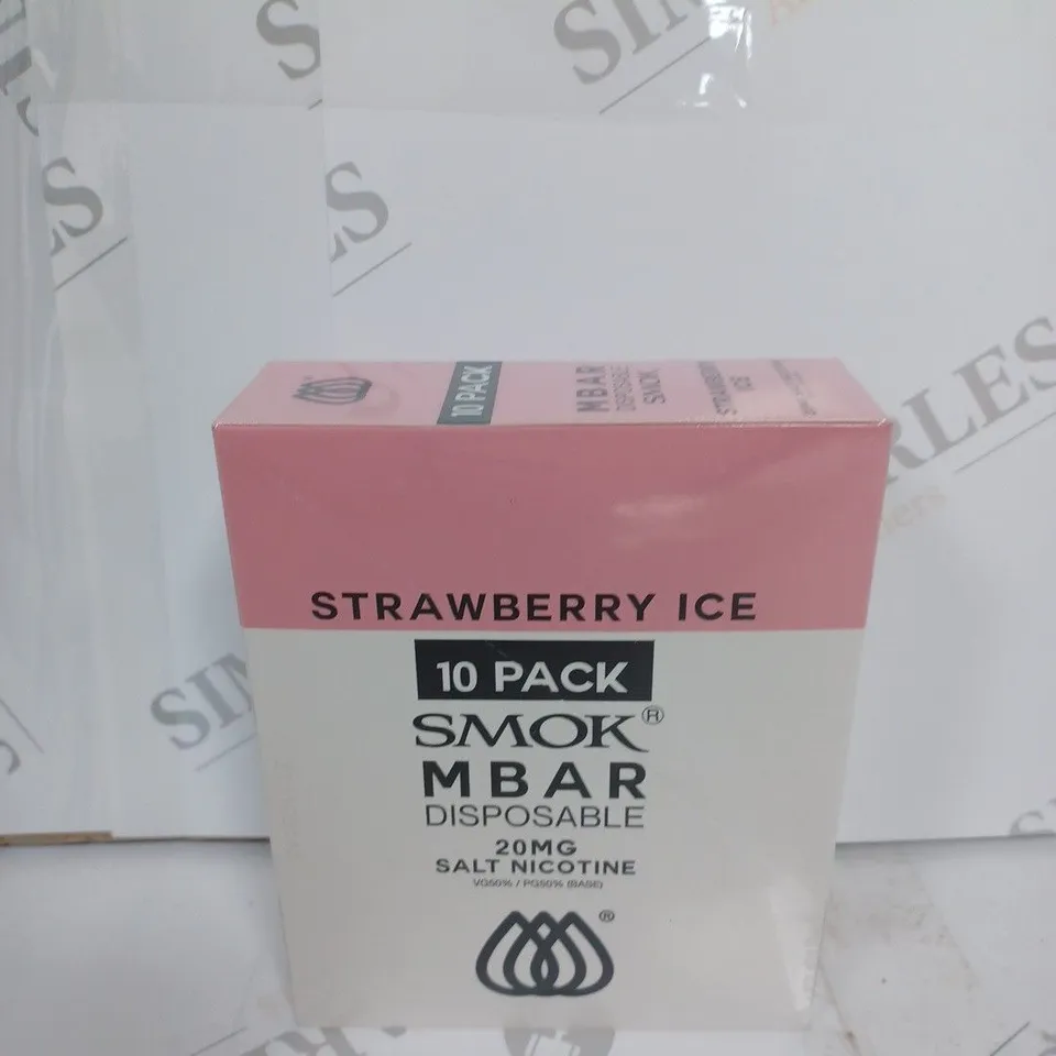 BOX OF APPROXIMATELY 10 BOXES OF STRAWBERRY ICE 10 PACK SMOK M BAR DISPOSABLE 20MG SALT NICOTINE