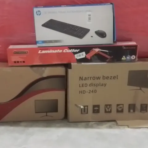 PALLET OF ASSORTED HOUSEHOLD GOODS AND PRODUCTS TO INCLUDE;LED MONITOR,LED DISPLAY MONITOR,LAMINATE CUTTER,WIRELESS MOUSE AND KEYBOARD