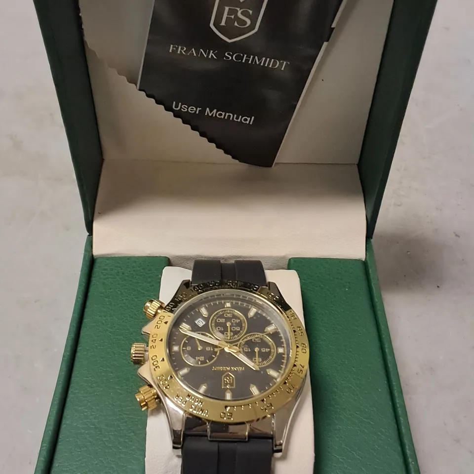 FRANK SCHMIDT STAINLESS STEEL CHRONOGRAPH WATCH WITH GOLD DETAIL AND BLACK RUBBER STRAP
