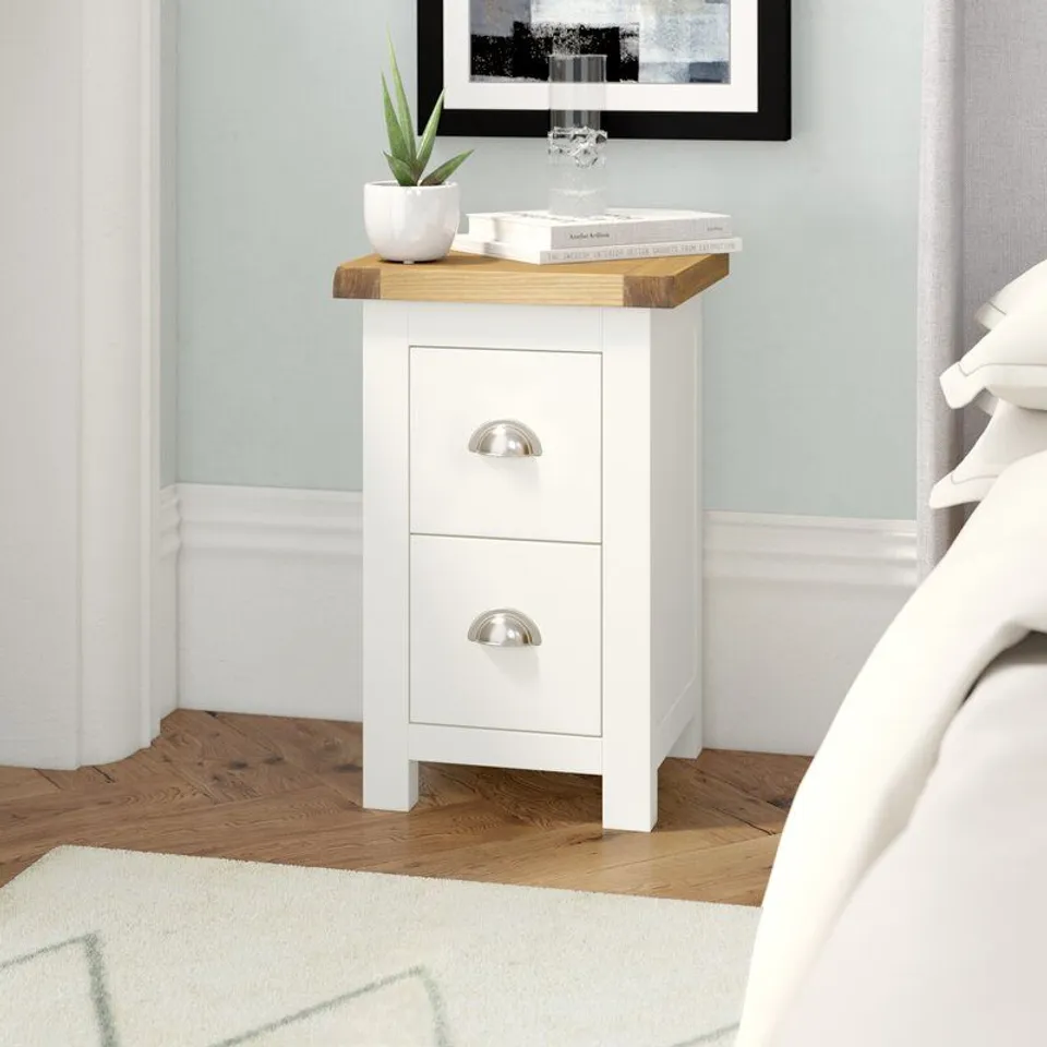 BOXED ASHLAND 2 DRAWER BEDSIDE TABLE WHITE & WAX COLOUR H56 X W35 X D32CM
