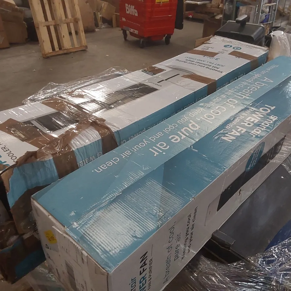 PALLET CONTAINING A VERY LARGE QUANTITY OF ASSORTED ITEMS INCLUDING: SPRING & SPRUCE SPEEDI DRY CLOTHES AIRERS, SMART AIR TOWER FAN & PURIFIERS, DRYING WARDROBE ECT