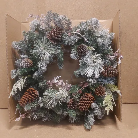 BOXED FROSTED CONE WREATH PRE LIT