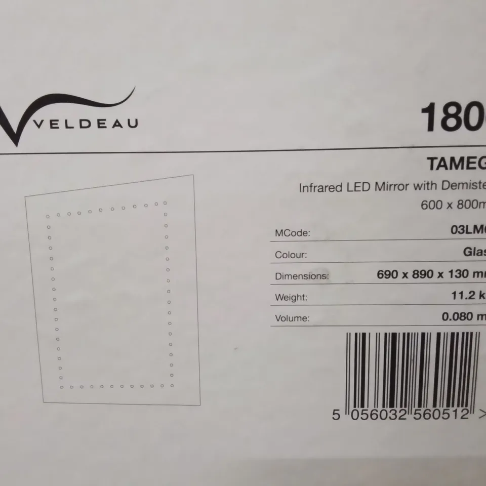 BOXED AS NEW VELDEAU TAMEGA INFRARED LED MIRROR WITH DEMISTER - 600X800MM
