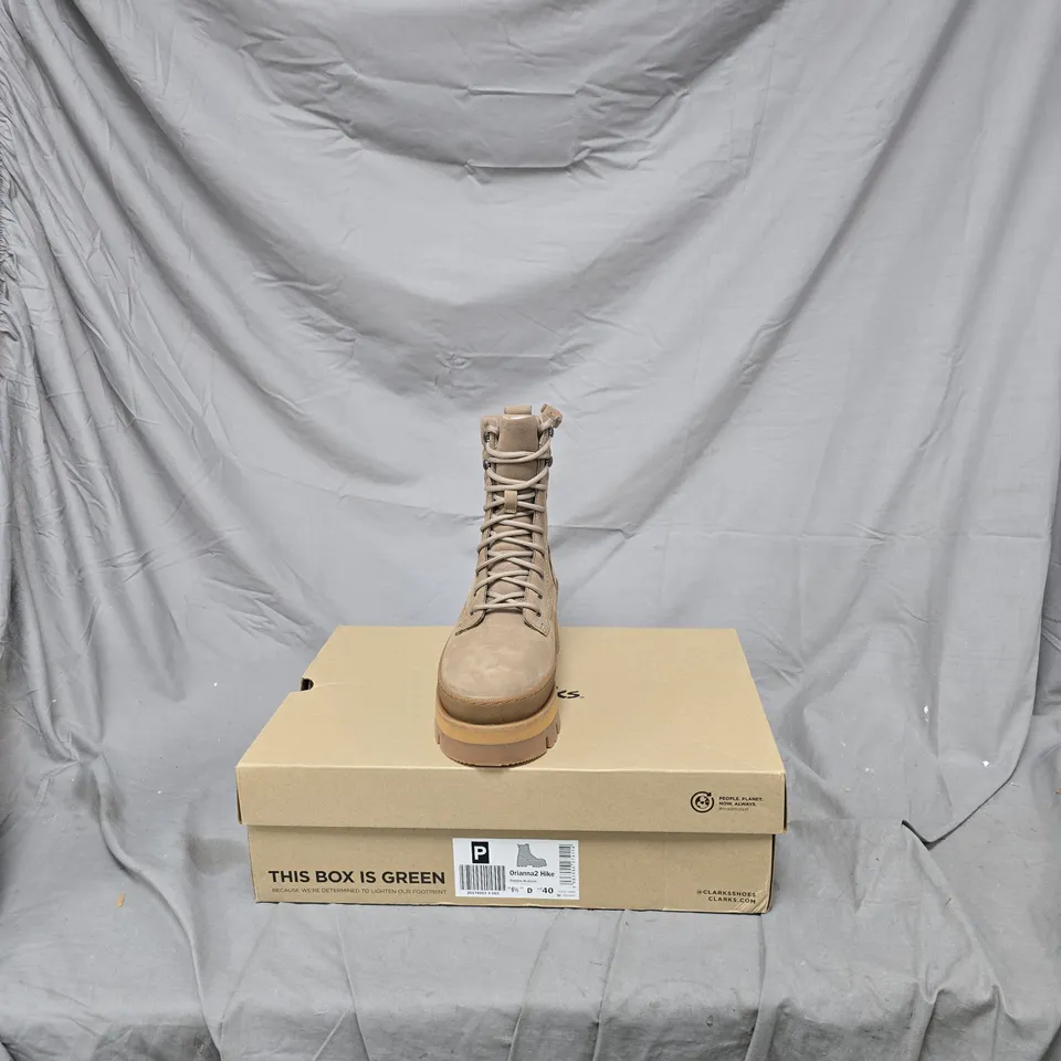 CLARKS TAN SUEDE ANKLE BOOTS – HIKING STYLE, PAIR, UK 7 (EU 40) – BOX INCLUDED