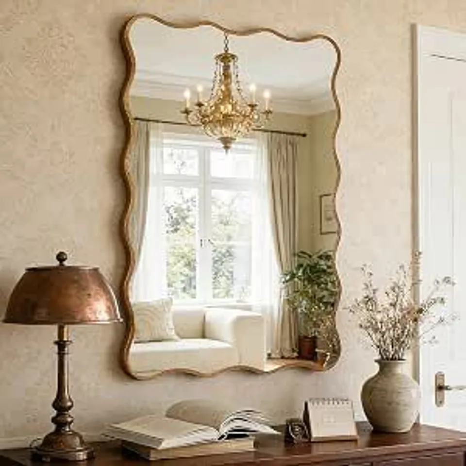 BOXED SHYFOY WALL MIRROR DECORATIVE, ANTIQUE MIRROR GOLD WAVY MIRRORS 20 X 30 IRREGULAR MIRROR ASYMMETRICAL