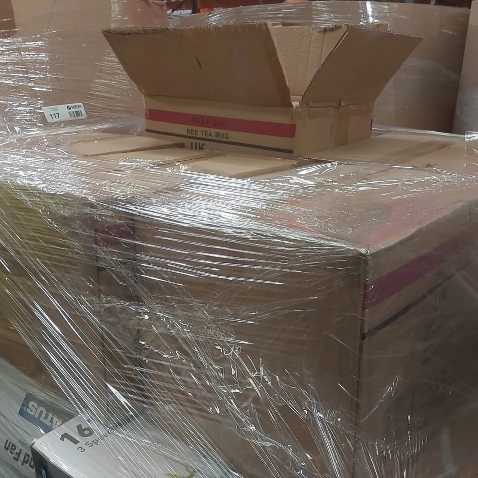 PALLET CONTAINING A VERY LARGE QUANTITY OF STATUS 16" STAND FANS, BEE TEA MUGS