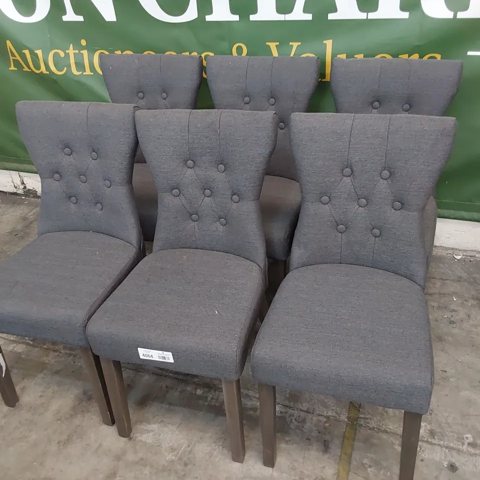 SET OF SIX UPHOLSTERED DINING CHAIRS BUTTONED BACKS, CHARCOAL FABRIC ON SILVER LEGS