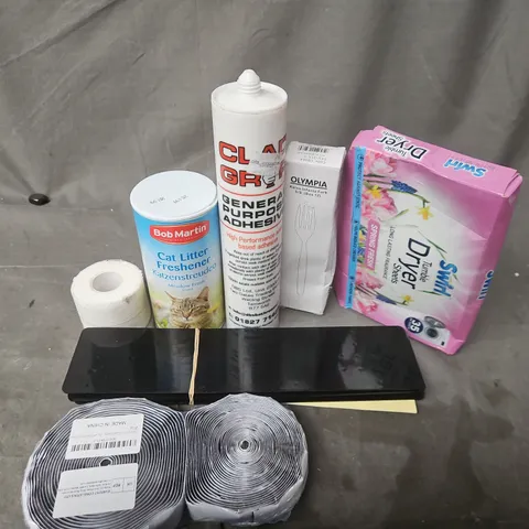 APPROXIMATELY 12 ASSORTED HOUSEHOLD ITEMS TO INCLUDE GENERAL PURPOSE ADHESIVE, OLYMPIA INFANTS FORK, CAT LITTER FRESHENER, ETC - COLLECTION ONLY