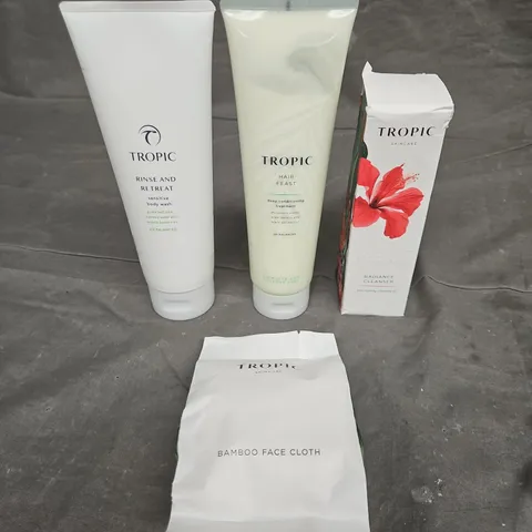 TROPIC SKINCARE LOT OF 4 ASSORTED COSMETIC PRODUCTS TO INCLUDE - HAIR FEAST DEEP CONDITIONING TREATMENT - RADIANCE CLEANSER - BAMBOO FACE CLOTH - ETC