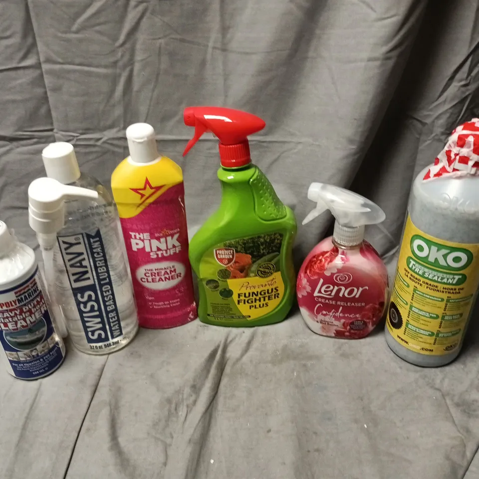 APPROXIMATELY 12 ASSORTED HOUSEHOLD LIQUID PRODUCTS TO INCLUDE LENOR CREASE RELEASER, THE PINK STUFF, SWISS NAVY WATER LUBRICANT, ETC - COLLECTION ONLY