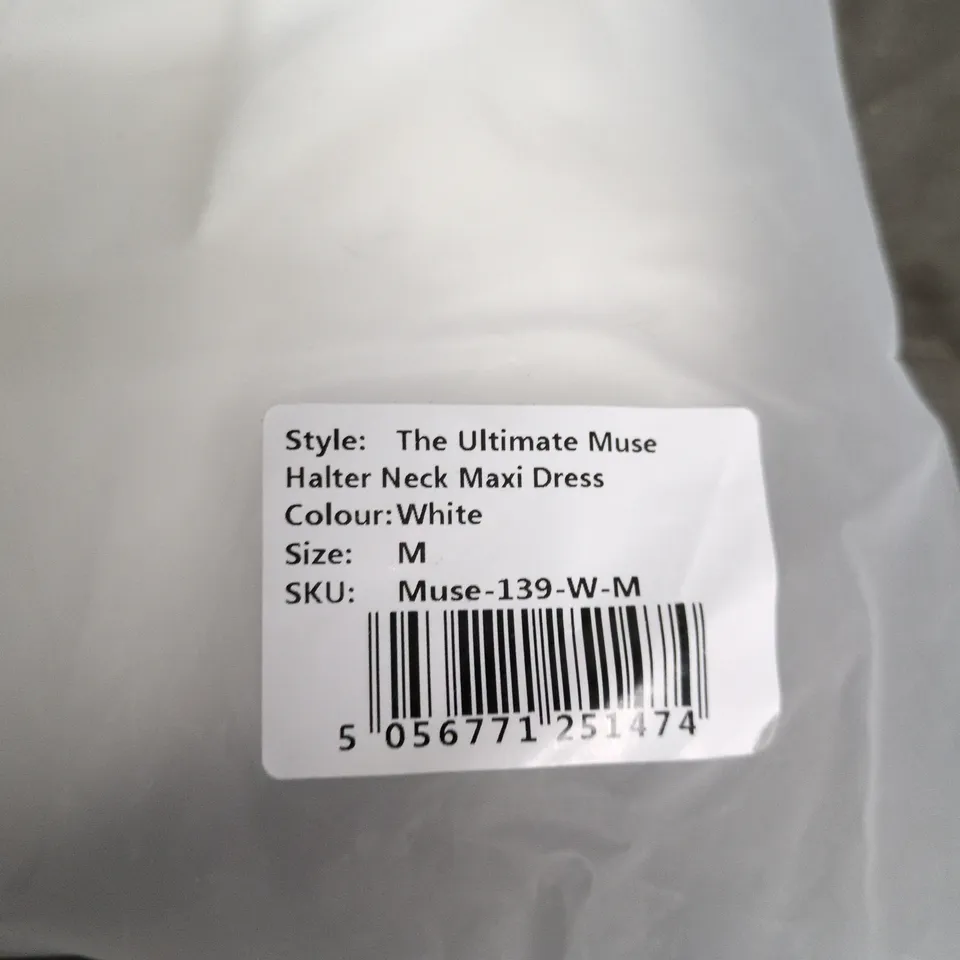 BAGGED ODDMUSE LONDON THE ULTIMATE MUSE HALTER NECK MAXI DRESS – WHITE, SIZE M