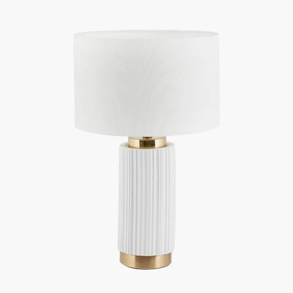 BOXED IONIC WHITE TEXTURED CERAMIC AND GOLD METAL TABLE LAMP
