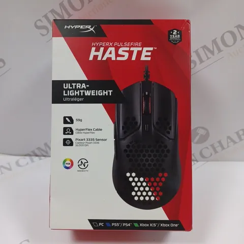 BOXED HYPERX PULSEFIRE HASTE ULTRA LIGHTWEIGHT GAMING MOUSE. 