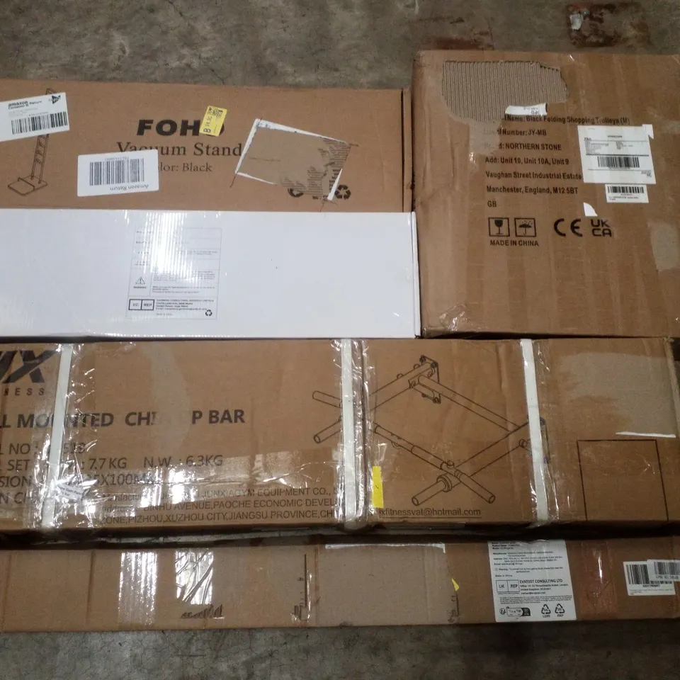 PALLET CONTAINING ASSORTED PRODUCTS INCLUDING VACUUM STAND, FOLDING SHOPPING TROLLEY, SHOWER MIXER WITH KIT, WALL  MOUNTED PULLUP BAR & CURTAIN ROD