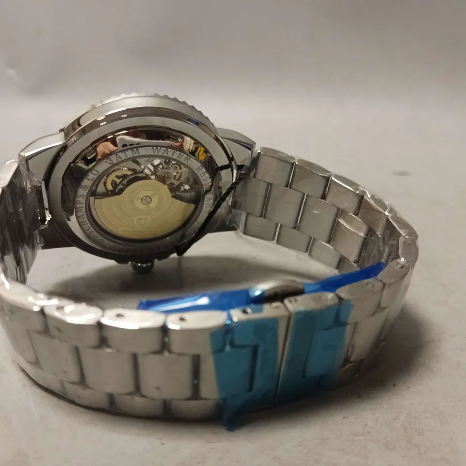 MENS DESCHAMPS & CO AUTOMATIC WATCH – SKELETON DIAL – CERAMIC BEZEL - STAINLESS STRAP – - WOODEN GIFT BOX 