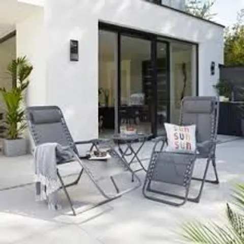 BOXED HELSINKI SET OF 2 RECLINING SUN LOUNGER CHAIRS WITH TABLE (1 BOX)