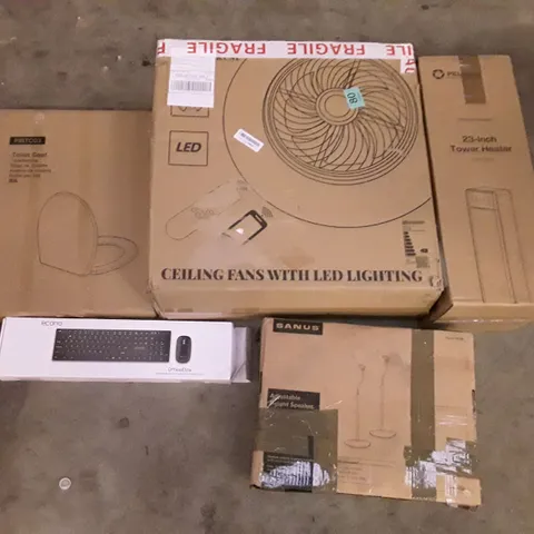 PALLET OF ASSORTED PRODUCTS INCLUDING TOILET SEAT, CEILING FANS WITH LED LIGHTING, ADJUSTABLE HEIGHT SPEAKER, 23" TOWER HEATER, WIRELESS KEYBOARD 