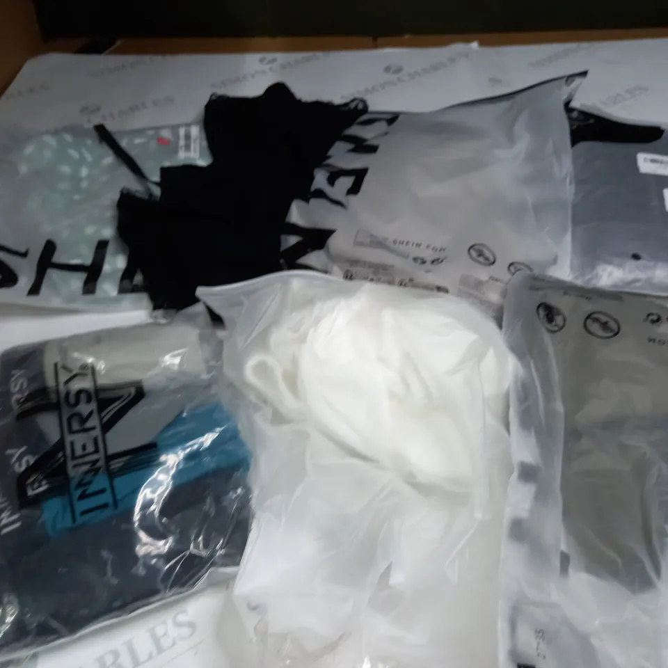 BOX OF ASSORTED CLOTHING ITEMS TOO INCLUDE JUMPERS, SHIRTS AND TROUSERS IN VARIOUS SIZES AND COLOURS   