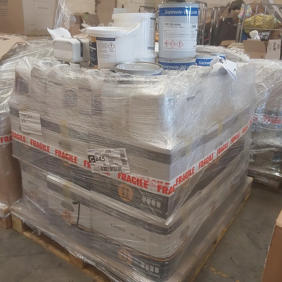 PALLET CONTAINING A VERY LARGE QUANTITY OF ASSORTED BUILDING SUPPLIES INCLUDING: BALL STOP GAP LIQUID, MARLDON EPOXY PRIMER, SATIN LACQUER FOR FLOORING ECT