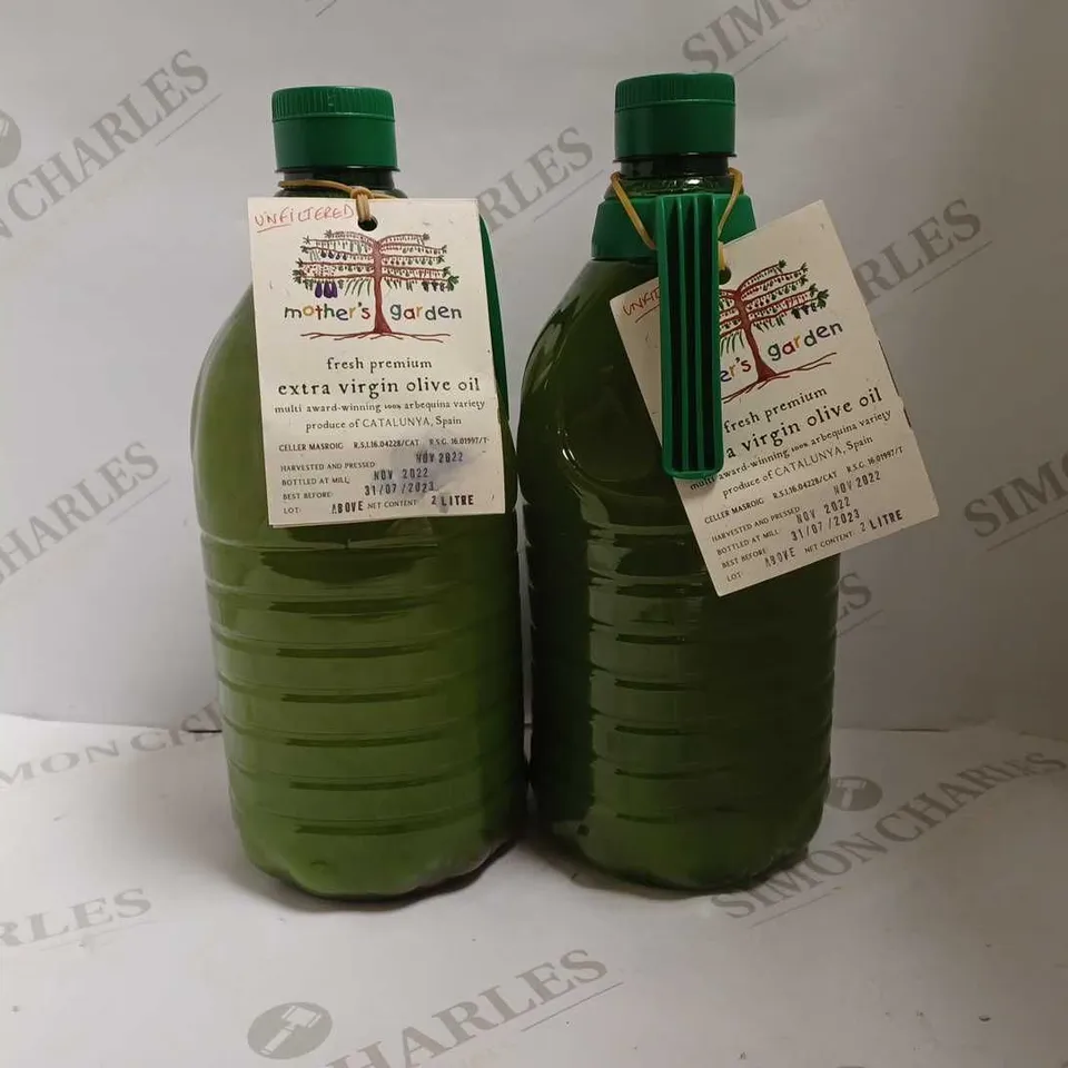 LOT OF 2 BOTTLES OF MOTHER'S GARDEN EXTRA VIRGIN OLIVE OIL (2x2L)