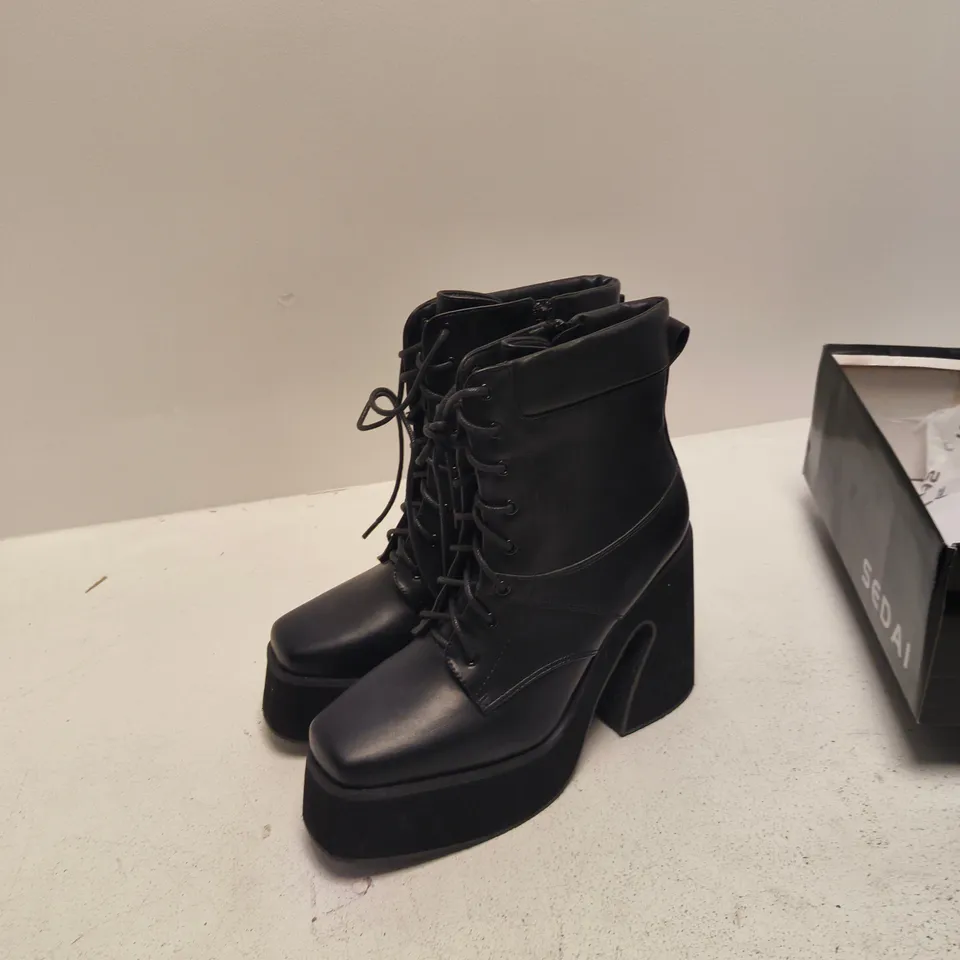 SEDAI WOMEN'S BLACK PU LACE-UP PLATFORM BOOTS, UK 8 (EU 41, US 10)