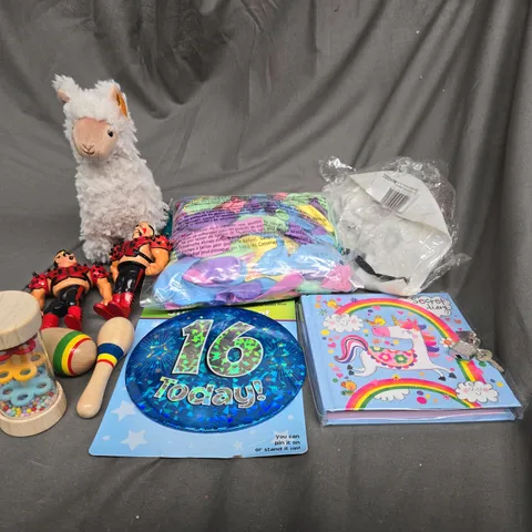 APPROXIMATELY 10 ASSORTED TOYS AND GAMES TO INCLUDE DIARIES, TEDDIES AND BALLOONS