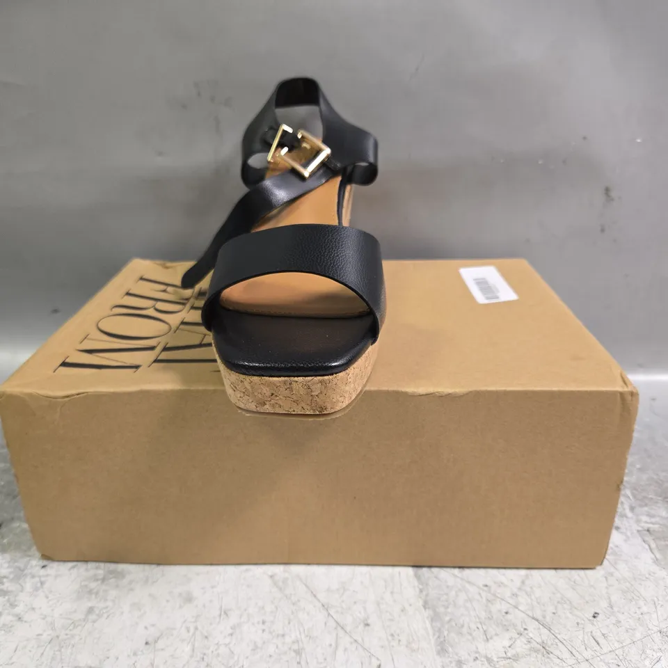 BOXED PAIR OF WHERE'S THAT FROM OPEN TOE WEDGE SANDALS IN BLACK SIZE UK 8