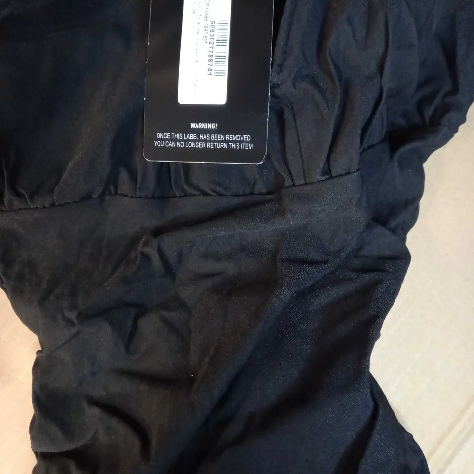 PRETTYLITTLETHING BLACK V BAR RUCHED SLEEVELESS BODYCON DRESS - SIZE 12