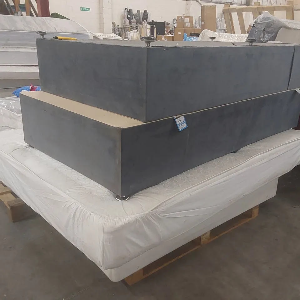 PALLET CONTAINING A GREY FABRIC DIVAN BED BASE AND MATTRESS