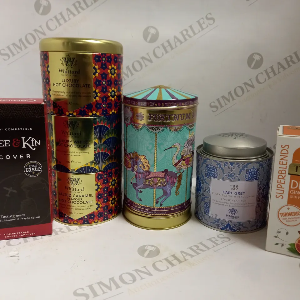 BOX OF APPROX 15 ITEMS TO INCLUDE FORTNUM AND MASONS MUSICAL TIN, WHITTARD HOT CHOCOLATE, WHITTARD ASSORTED TEA