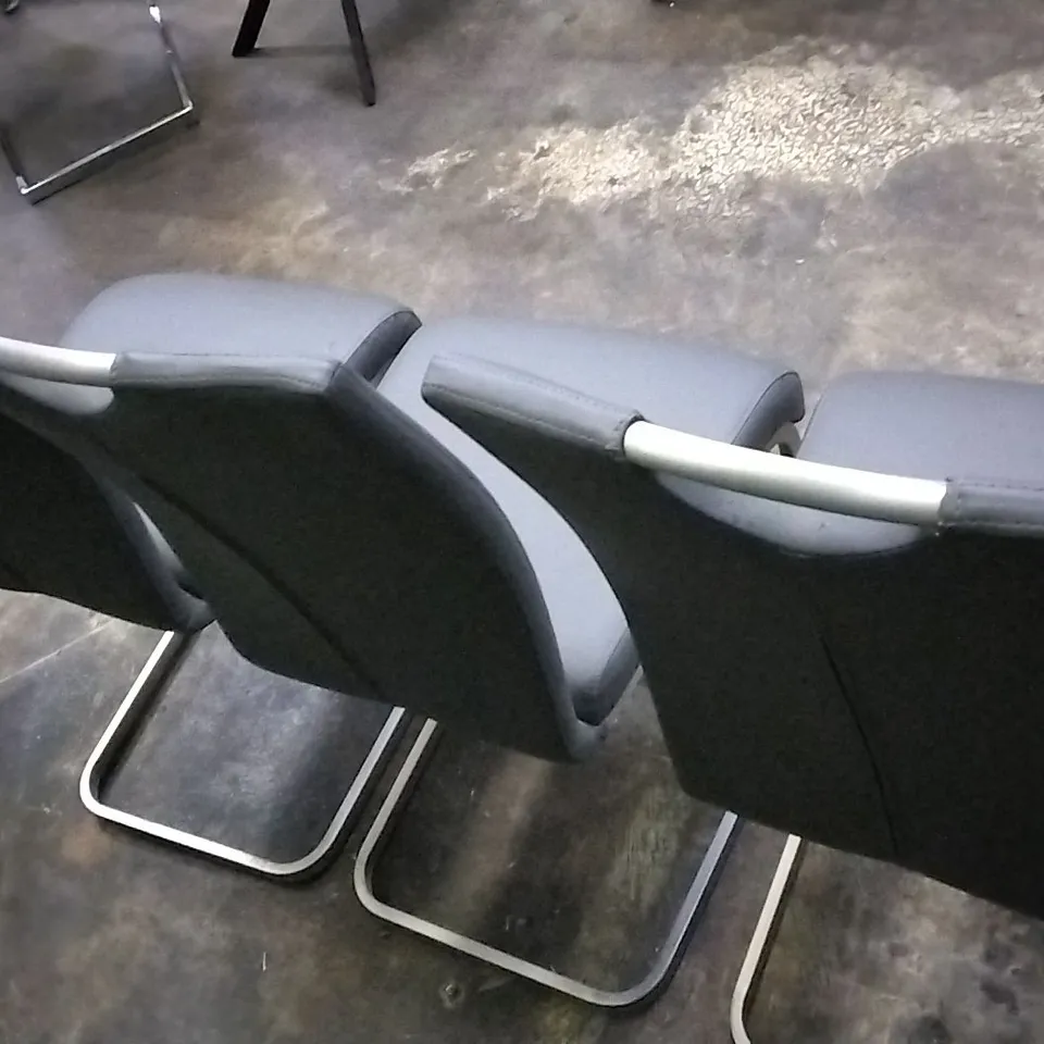 DESIGNER SET OF 3 CHARCOAL GREY FAUX LEATHER DINING CHAIRS WITH CHROME LEGS