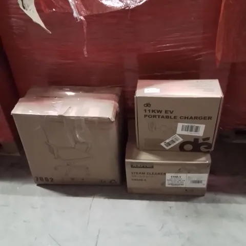 PALLET OF ASSORTED HOUSEHOLD GOODS AND PRODUCTS TO INCLUDE;PORTABLE CHARGER,STEAM CLEANER,OFFICE CHAIR 