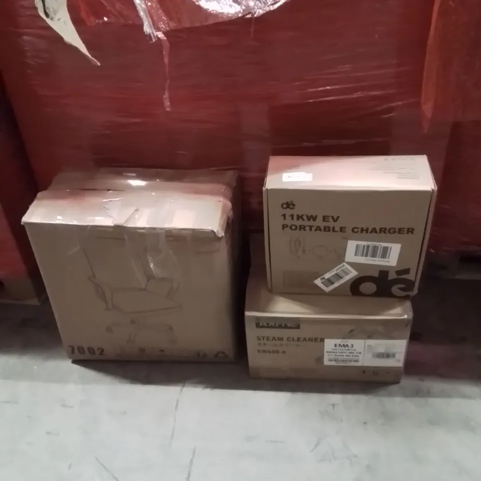 PALLET OF ASSORTED HOUSEHOLD GOODS AND PRODUCTS TO INCLUDE;PORTABLE CHARGER,STEAM CLEANER,OFFICE CHAIR 