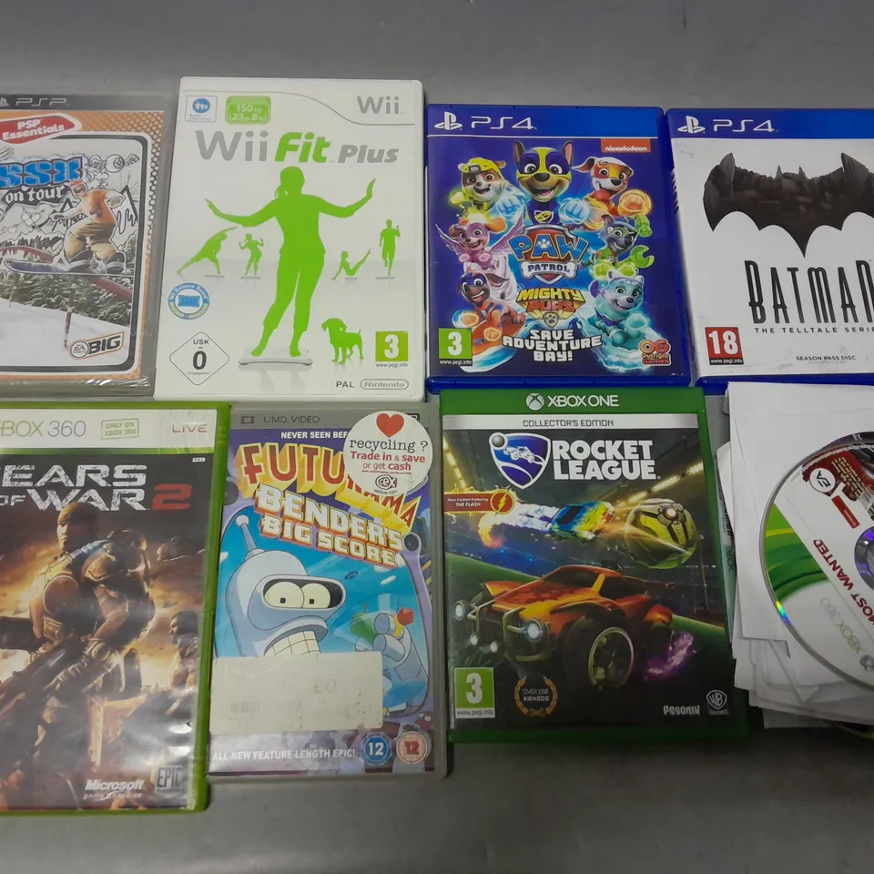 APPROXIMATELY 15 ASSORTED VIDEO GAMES FOR VARIOUS CONSOLES TO INCLUDE - XBOX ONE ROCKET LEAGUE - PS4 PAW PATROL MIGHTY PUPS - WII FIT PLUS - ETC