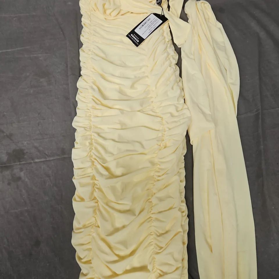 CLUB OF LONDON LEMON RUCHED ASYMMETRIC MIDI DRESS WITH SASH IN LEMON - UK 8