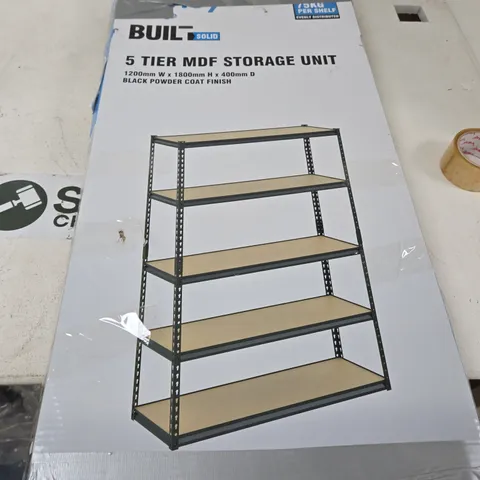 BUILT SOLID 5-TIER MDF STORAGE UNIT – BLACK POWDER-COATED STEEL FRAME, 1200 W X 1800 H X 400 D MM