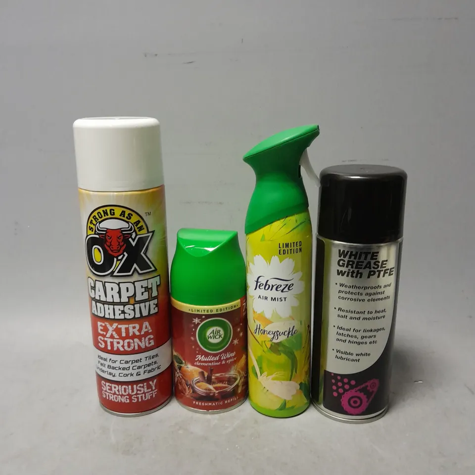 APPROXIMATELY 8 ASSORTED AEROSOLS TO INCLUDE - FEBREZE AIR MIST , OX CARPET ADHESIVE ETC