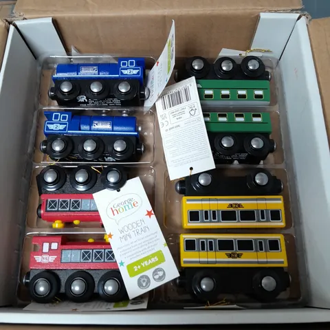 APPROXIMATELY 16 MINI WOODEN TRAINS - ASSORTED COLOURS