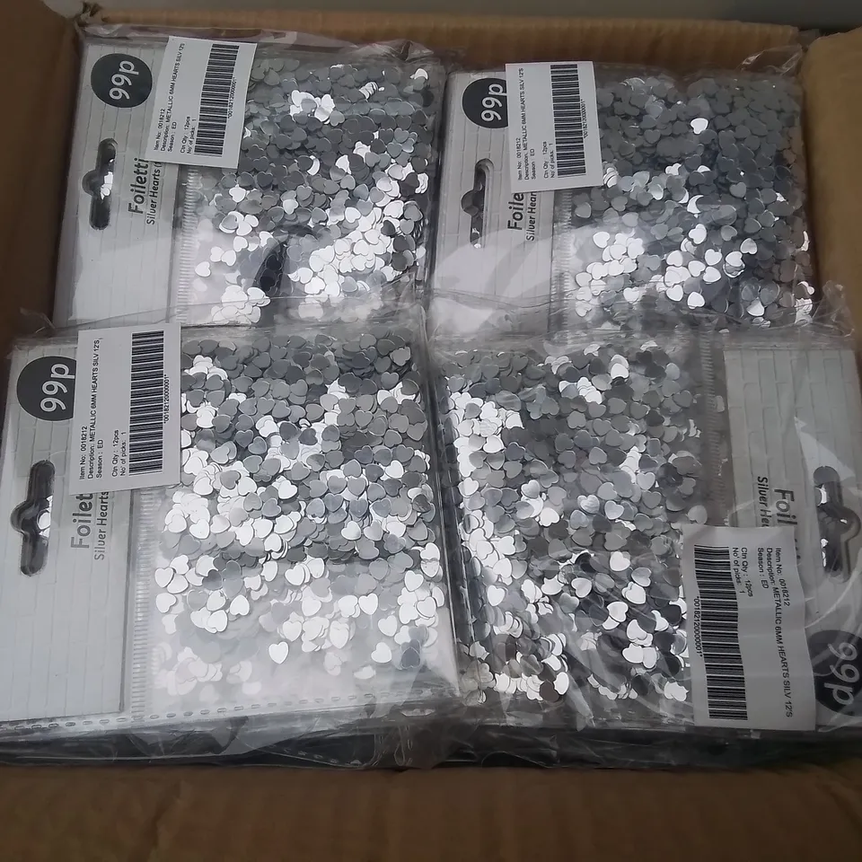 LOT OF 10 BOXES OF BRAND NEW METALLIC 6MM SILVER HEART CONFETTI - 144 PIECES PER BOX / TOTAL 1440 