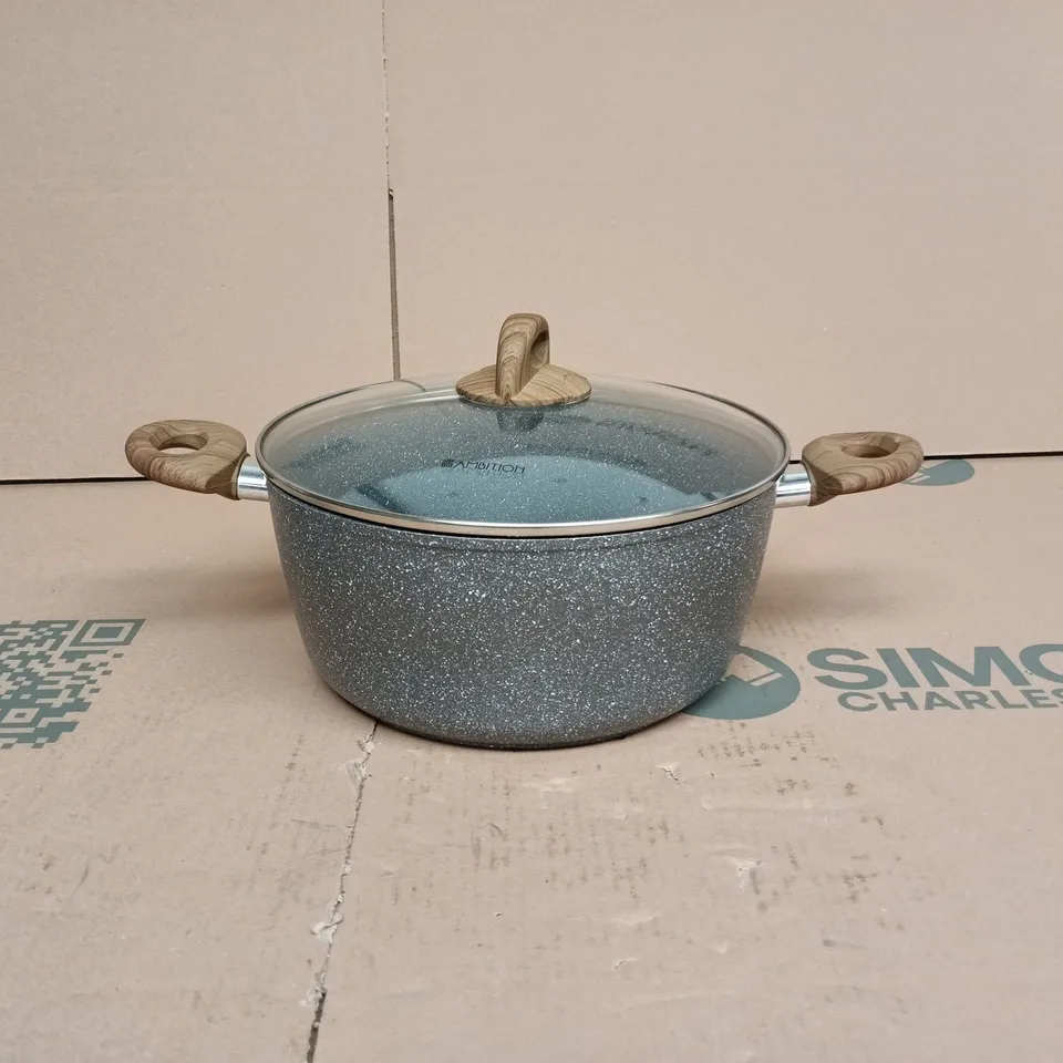 AMBITION SAUCE PAN WITH GLASS LID AND WOODEN HANDLES BOXED