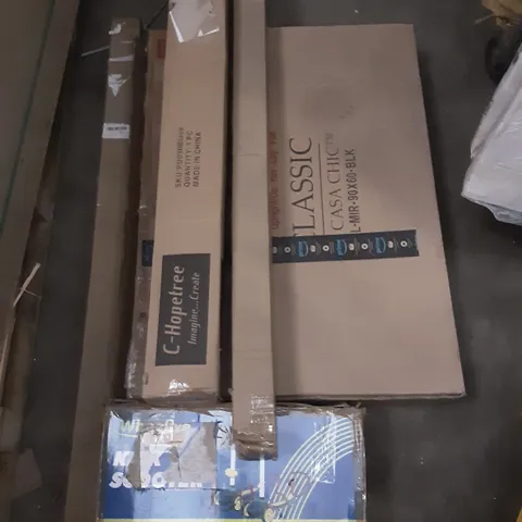 PALLET OF ASSORTED PRODUCTS INCLUDING C-HOPETREE, WHEELIVE KICK SCOOTER, CLASSIC CASA CHIC, BOOMJOG  CURTAIN POLE, ARTEZA 5 COTTON STRETCHED CANVAS